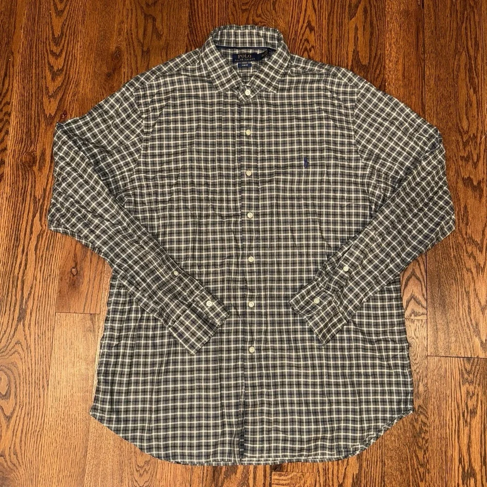 Polo Ralph Lauren Long Sleeve Button Up Shirt Men's 2XL Slim Fit Grey Blue Plaid